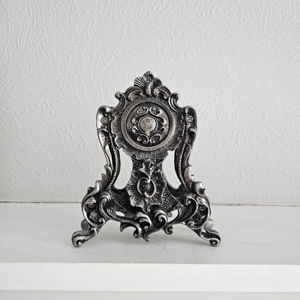 Antique Silver Coated Cast Iron Ornate Rococo Style Clock- Replaced Clock Face - Picture 4 of 5